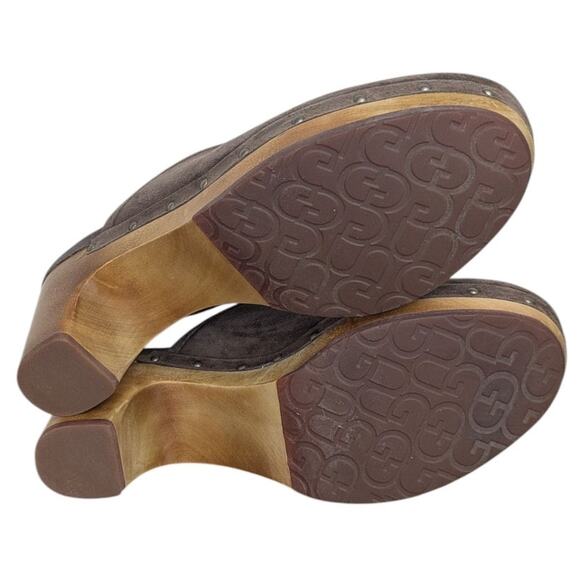 UGG Australia Abbie Clogs Mules Dark Brown Suede Wooden Platform 9 - Picture 7 of 11